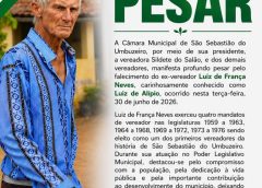 Câmara Municipal de São Sebastião do Umbuzeiro, por meio de sua presidente, a vereadora Sildete do Salão, e dos demais vereadores, manifesta profundo pesar pelo falecimento do ex-vereador Luiz de Alípio